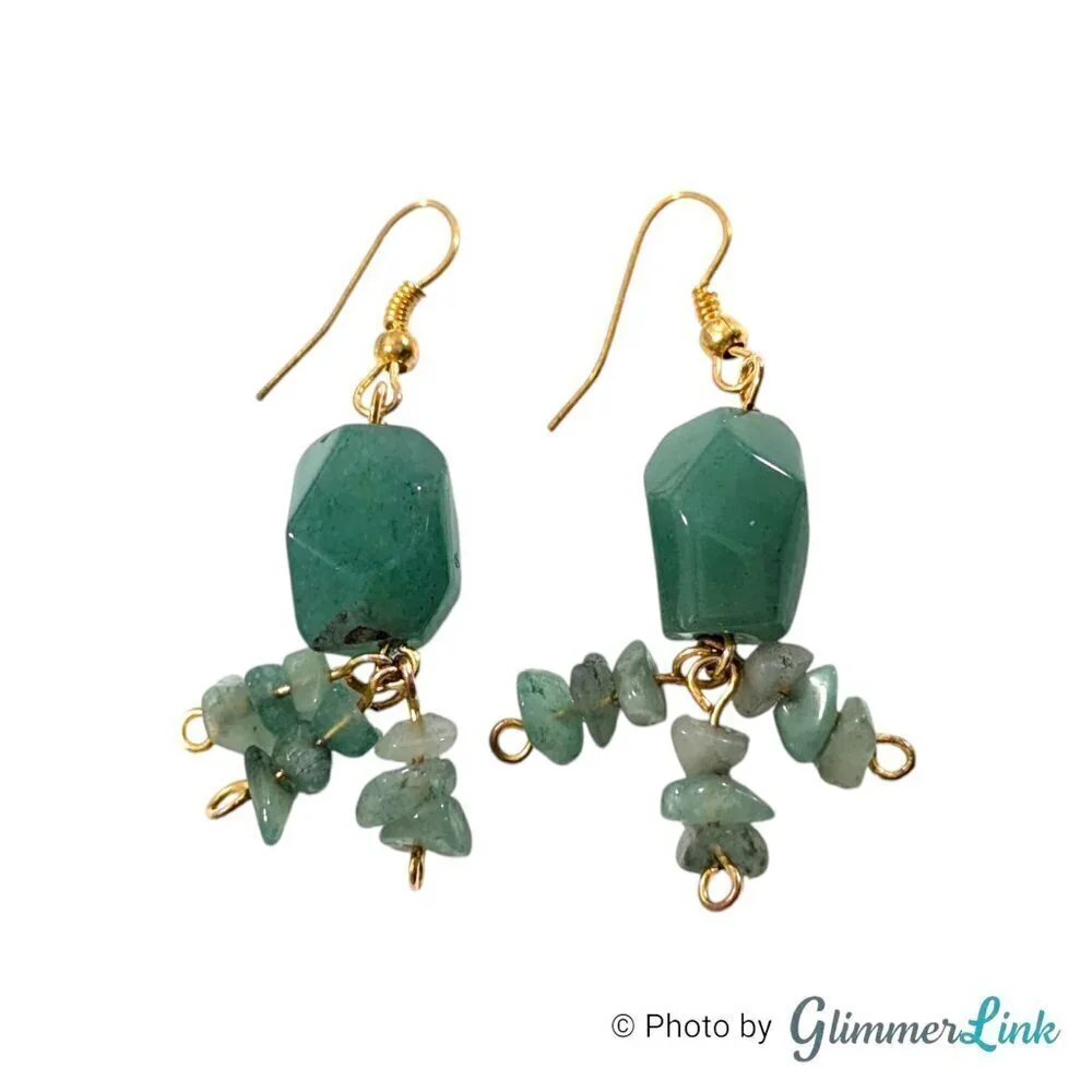 Aventurine Stone Chip Nugget Dangle Earrings & Wrap Around Bracelet Jewelry Set